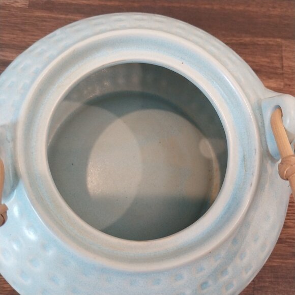 Vintage Teapot & 4 Cups Set Light Blue Rattan Handle By Pier 1 Imports Textured - Picture 5 of 11